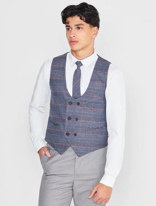 Boys blue and grey checked waistcoat suit