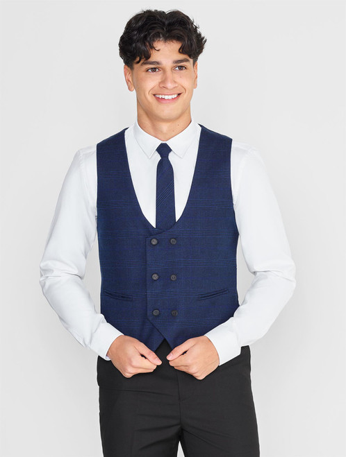 Boys navy and black checked waistcoat suit
