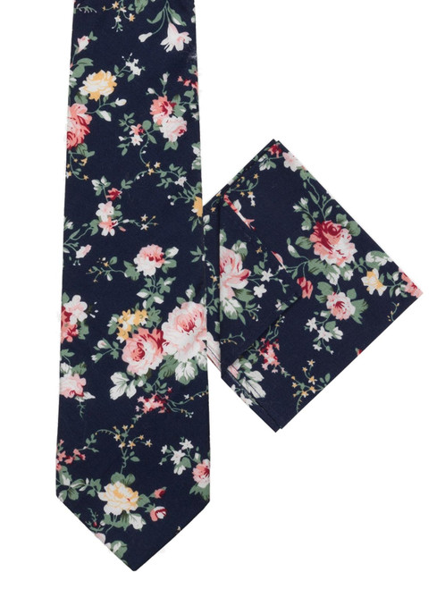 Boys navy tie and hanky set - Floral