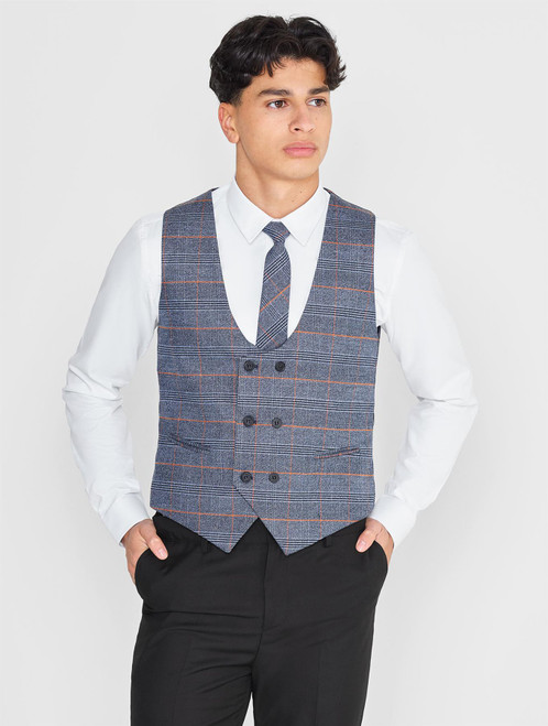 Boys blue and black checked waistcoat suit