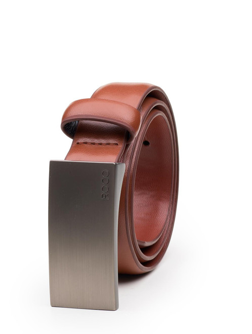 Boys tan leather plate buckle belt