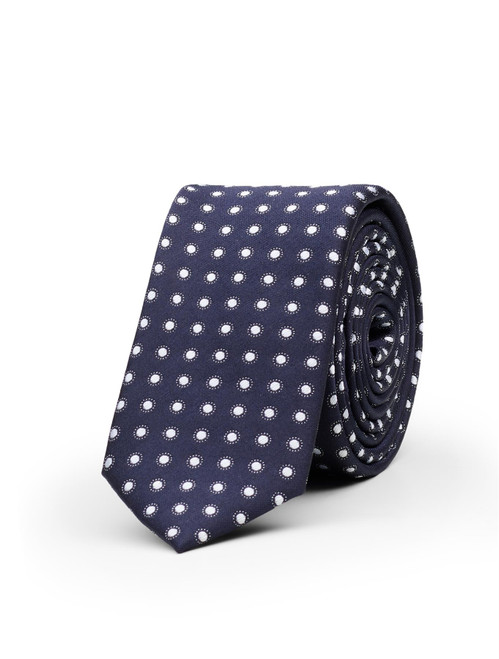 Boys navy skinny tie with white polka dot