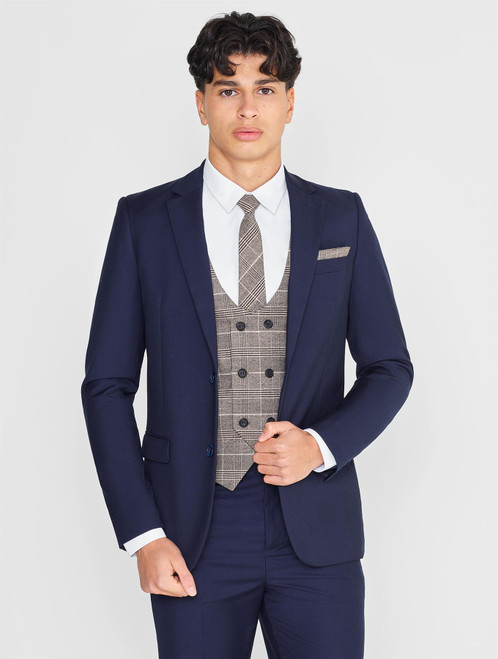 Boys navy and brown checked wedding suit