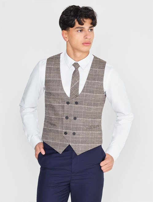 Boys brown and navy checked waistcoat suit