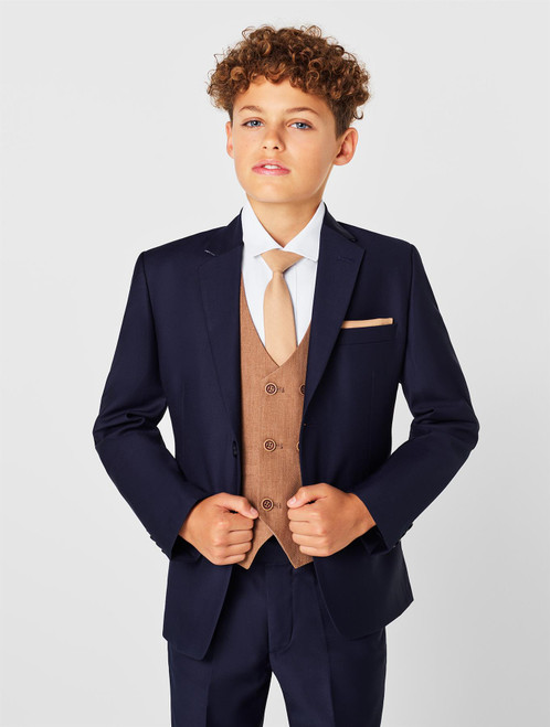 Boys navy and camel wedding suit