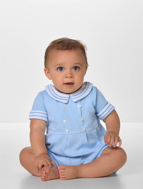Baby boys blue christening romper
