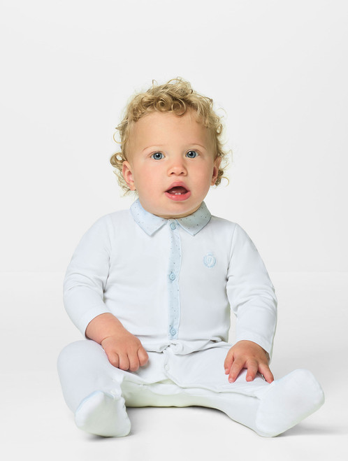 Baby boys white and blue christening romper